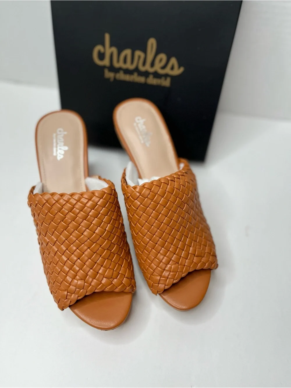 Charles David Lolli Cognac Woven Leather Cork Wedge Slide, new in box size 10
